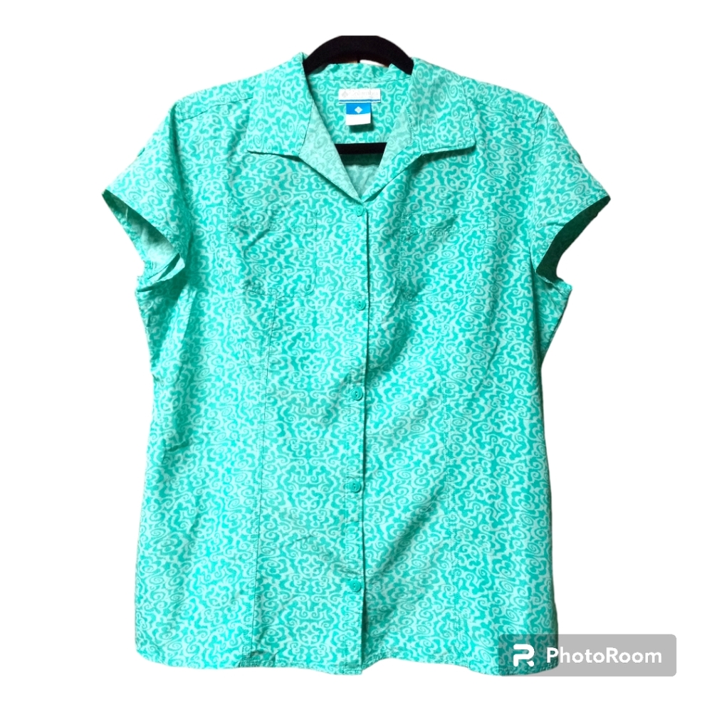 Columbia Ladies Lightweight Button Up Short Sleeve Shirt Green Size Large